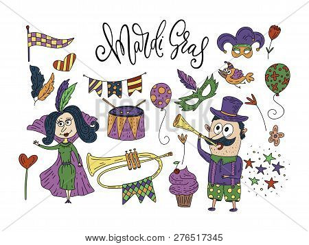 Carnival Card With Doodle Charaster Illustrations Masquerade Symbols, And Lettering Quote. Big Icon 