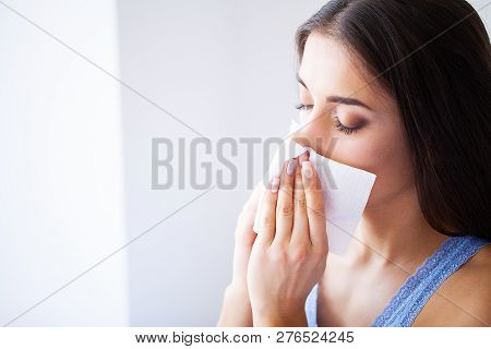 Flu And Sick Woman. Sick Woman Using Paper Tissue, Head Cold Problem