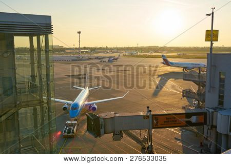 DUSSELDORF, GERMANY - CIRCA OCTOBER, 2018: KLM Cityhopper aircraft on pushback at Dusseldorf Airport.