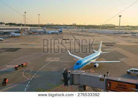 DUSSELDORF, GERMANY - CIRCA OCTOBER, 2018: KLM Cityhopper aircraft on pushback at Dusseldorf Airport.