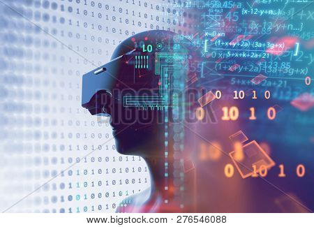 3D Rendering Of Virtual Human In Vr Headset On Futuristic Technology Background