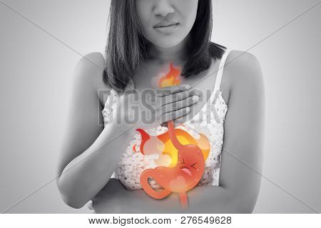 The Photo Of Cartoon Stomach On Woman's Body Against White Background, Acid Reflux Disease Symptoms 