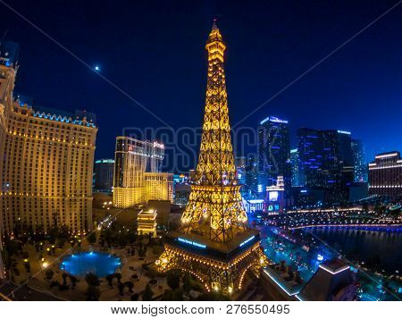 Las Vegas, USA - September 10, 2018: Eiffel tower at Paris casino aerial view from Ballys hotel at night