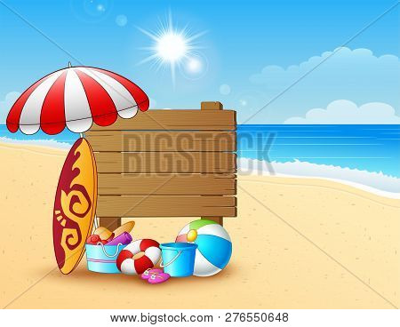 Summer Beach Background With Wooden Sign And Beach Equipment