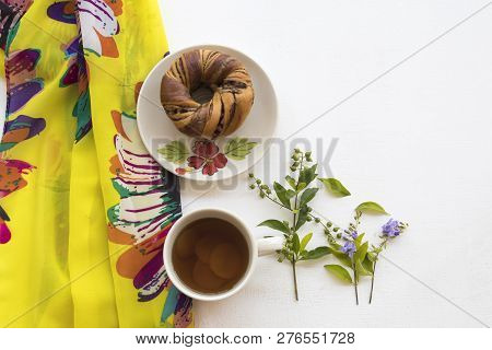 Yellow Scarf With Healthy Drinks Ginger Tea And Dessert Bread Of Lifestyle Woman Relax On Background