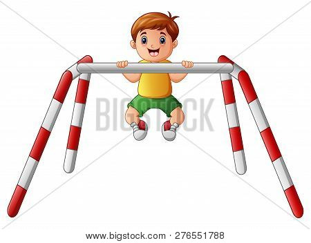 Little Cute Boy Doing Pull Ups With Happy