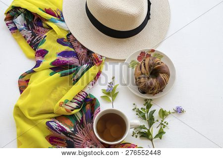 Yellow Scarf ,hat With Healthy Drinks Ginger Tea And Dessert Bread In Wooden Box Of Lifestyle Woman 
