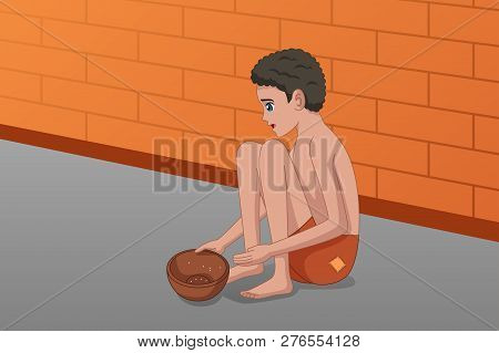 A Vector Illustration Of Homeless Panhandler Kid On The Street