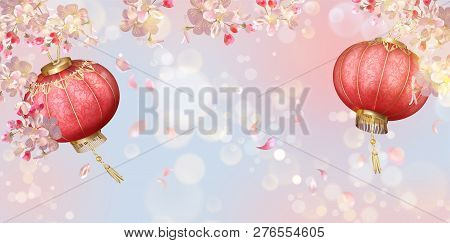 Traditional Spring Festival Background With Flying Petals And Silk Lanterns. Flowers And Petals In T
