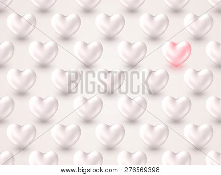 3d Metallic Heart Valentines Day Background. Beautiful Realistic Shape Of Pastel Pink And Silver Her