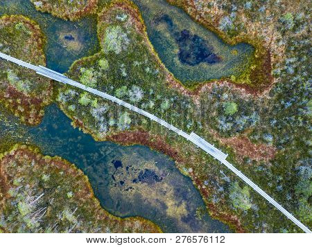 Moody Drone Photo Of Colorful Moorland In Early Summer Sunrise