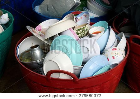 Many Pile Dish Dirty, Pile Plate Of Food Is Waste Trash In Basket Plastic Dirty, Pile Empty And Dirt