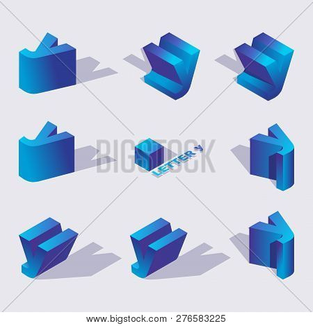 Large Collection Of Creative Isometric 3d Typography Design. Russian Letter Y In Various Foreshorten