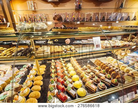 Strasbourg, France - Dec 29, 2018: Interior Of Traditional French Pastry Store, Riss Selling Sweets 