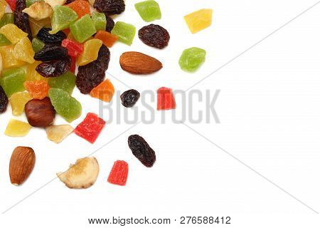 Candied Fruits Mix With Raisins, Almonds, Hazelnut. Muesli. Healthy Food. Fitness Food. Top View