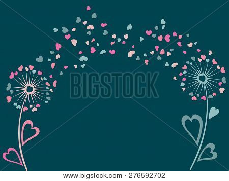 Couple Pink And Blue Of Dandelion Flowers Summer Vector Card. Heart Shaped Feather Fluff, Leaves, Ab