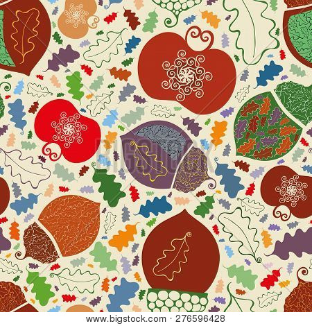 Vector Lively Vibrant Orchard Apples, Acorns And Leaves Seamless Pattern Background In Ornamental Fo