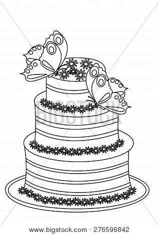 Festive Cake For Wedding Or Celebrates Time With Flowers And Butterflies