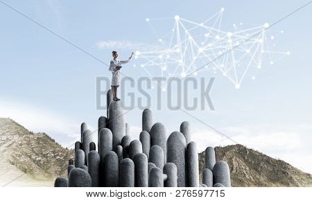 Young Female Doctor With Folder In Hands Satnding On Stone Column. 3d Rendering