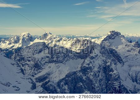Spectacular Winter Mountain Panorama With Peaks Covered With Early Snow.