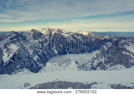 Spectacular Winter Mountain Panorama With Peaks Covered With Early Snow.