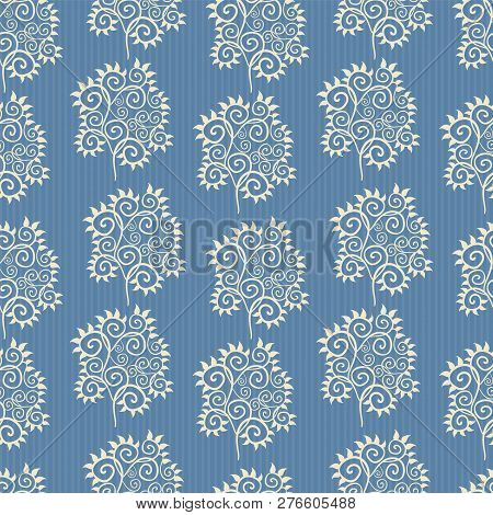 Vector Blue And White Abstract Leaves Ornamental Design With Subtle Stripes As Seamless Pattern Back