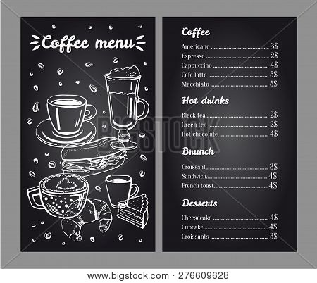 Coffee Menu Design Template With List Of Hot Drinks And Desserts. Cover With Graphic Mugs And Food. 