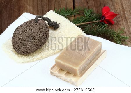 Handmade Bar Of Soap, Pumice Stone And Washcloth. Nettle And Olive Soap, Facecloth And Pumice Stone 