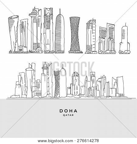 Doha Qatar Skyscaper Set. Hand-drawn Vector Illustration. Famous Travel Destinations Series.