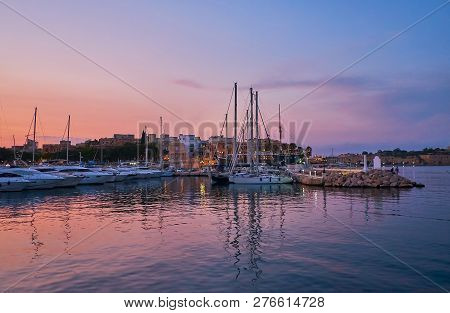 The Shipyards With Moored Yachts In Evening Msida Yacht Marina, The Violet Twilight Sky Reflects On 