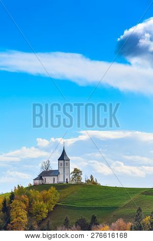 Autumn Panorama With Saints Primus And Felician Church On Top Of Hill In Slovenian Countryside, Slov