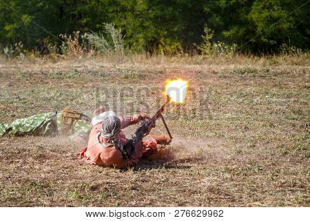 Sambek, Rostov Region, Russia, August 19, 2018: Historical Festival Sambek Heights. Mujahid Shooting