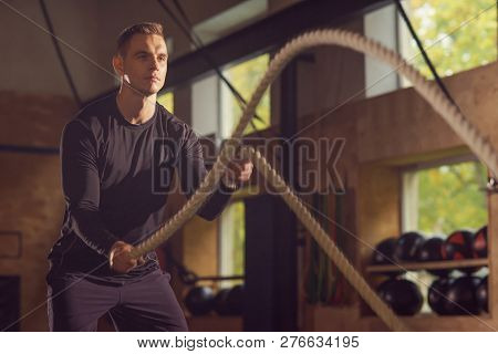 Fit, Sporty And Athletic Sportsman Working In A Gym. Man Training Using Battle Ropes. Sports, Athlet