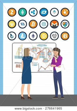 Bitcoin Currencies Isolated Icons Set And Presentation Of Woman Vector. Bitcoindark And Infographics