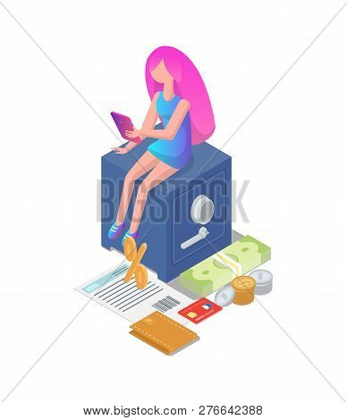 Female Girl With Tablet Icons Vector. Finance Strongbox Deposit For Saving Money And Documents With 