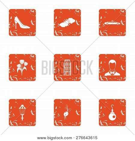 Effeminate Icons Set. Grunge Set Of 9 Effeminate Icons For Web Isolated On White Background