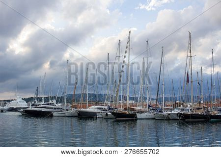 Panoramic View Of Dramatic Cloudy Skyscape In Mallorca Marina