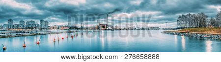 Helsinki, Finland. Panoramic Evening View Of Houses In Merihaka District, Industrial Zone Of Hanasaa