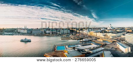 Helsinki, Finland. Panoramic Aerial View Of Market Square, Street With Presidential Palace And Helsi