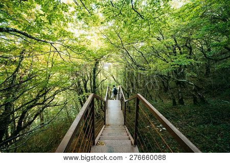 Zeda-gordi, Georgia. Man Walking On Narrow Suspension Bridge Or Pendant Road Up To 140 Meters Above 