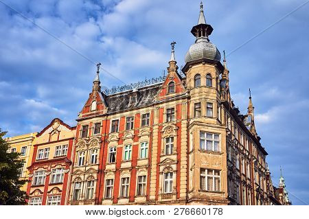 Facade Of Historic Tenement House On The Market In Swidnica In Poland