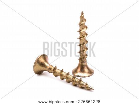 Two Self-tapping Screws On A White Background.