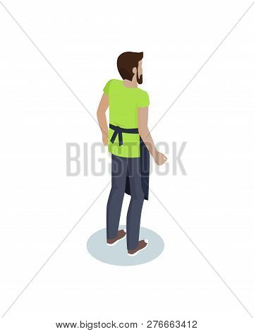 Waiter Service At Bistro Male Icon Closeup. Server Wearing Black Apron On Waist. Staff Of Cafe Or Re