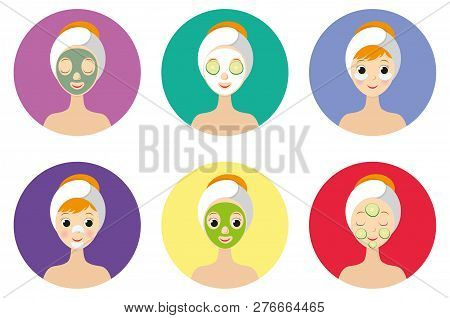 Different Types Of Facial Masks And Skin Care Illustration Set. Young Girl Face With Various Skincar