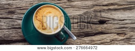 A Cup Of Coffee On The Background Of An Old Wooden Table Banner, Long Format