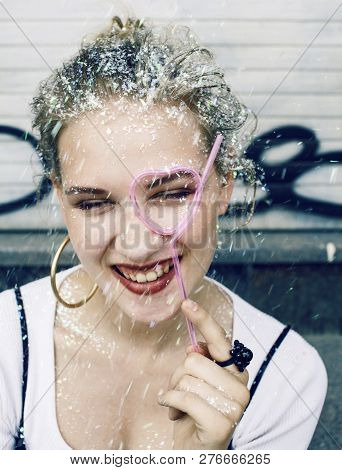Young Pretty Party Girl Smiling Covered With Glitter Tinsel, Fas