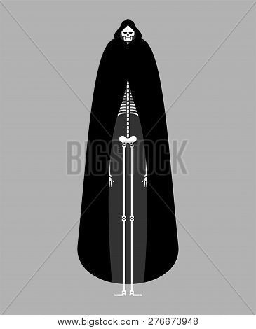 Grim Reaper In Black Cloak. Death In Cape