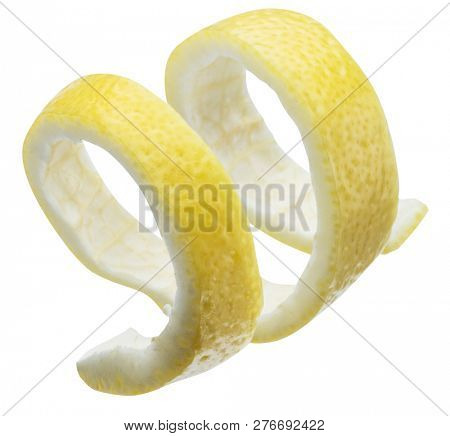 Lemon peel or lemon twist on white background. File contains clipping path.