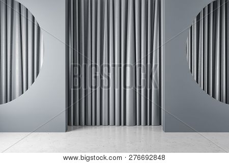 Gray Room With Half Circle Niches And Curtains