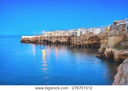 Polignano A Mare Village On The Rocks At Sunset, Bari, Apulia, Southern Italy. Europe.